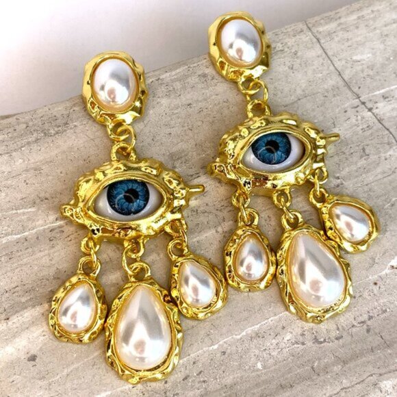 NEW ~ Free People Protective Eye Pearl Dangle Gold Earrings - Picture 2 of 10
